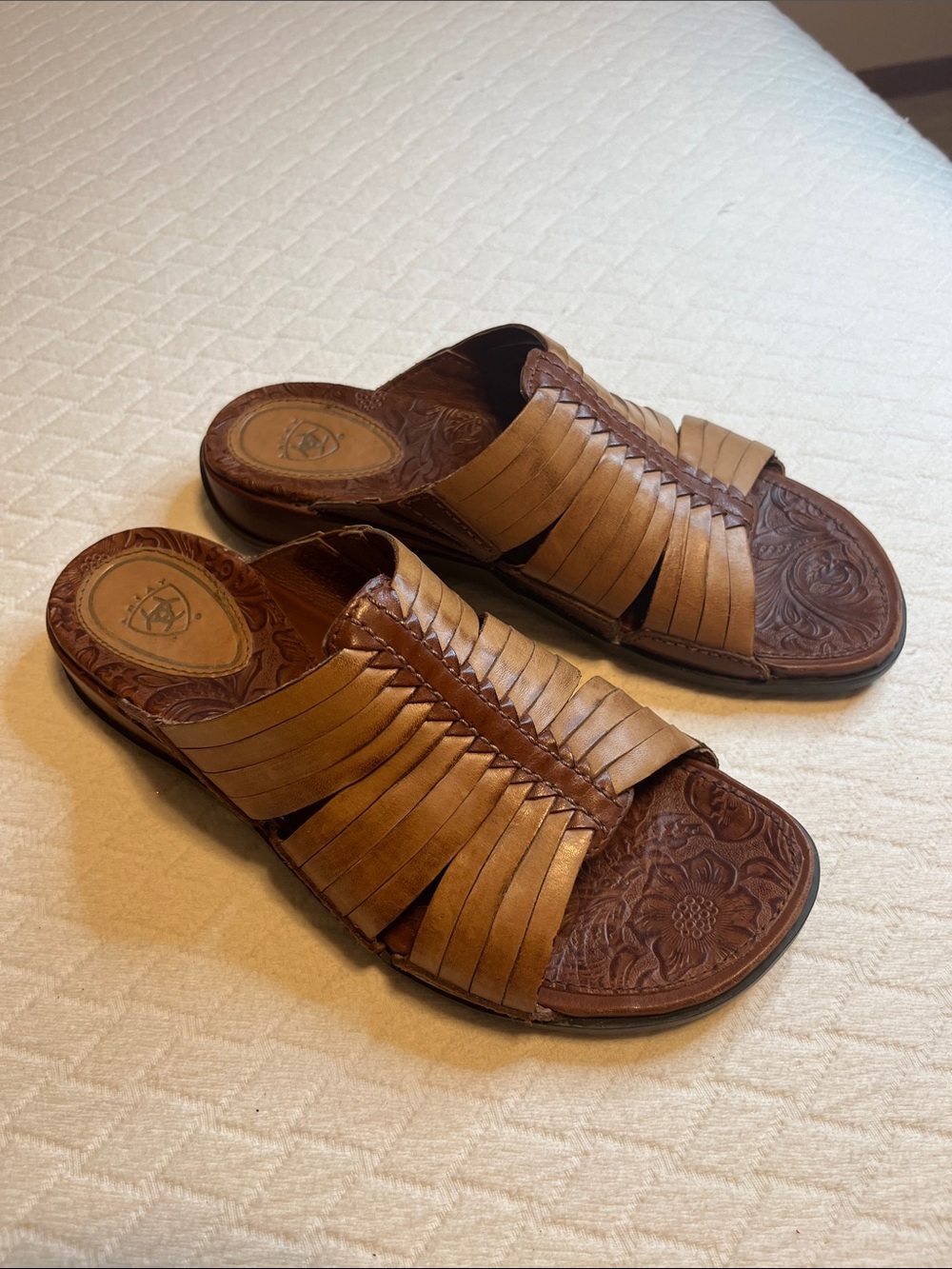 Ariat Two-Tone Brown/Tan tooled Leather Slide Sandals, 8B